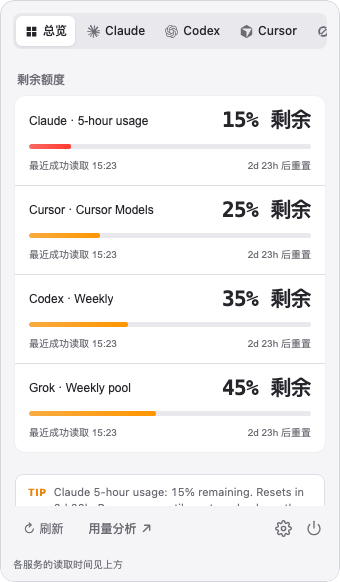 QuotaBar showing remaining quota, reset times and the usage analysis entry